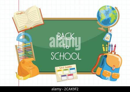 Zurück zu Schule Cartoon grün Kreidetafel Hintergrund, Vektor-Illustration Stock Vektor