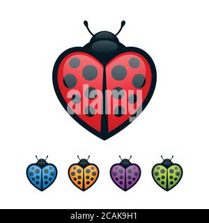 Herzförmige Marienkäfer auf weißem Hintergrund. Bunte Bugs Symbol gesetzt. Stock Vektor