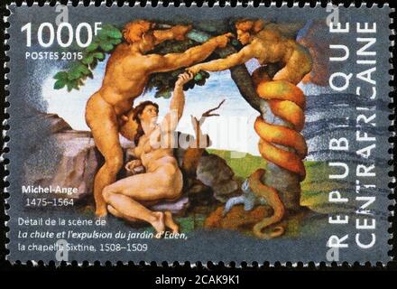 Die Versuchung Adams und Evas in der Sixtinischen Kapelle Briefmarke Stockfoto