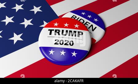 Donald Trump Abzeichen (Pin) über Joe Bidens. Beide Stifte auf der Flagge der Vereinigten Staaten, Symbole der Wahlen vom 3. November 2020. Stockfoto