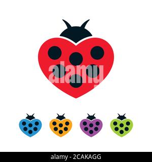Herzförmige Marienkäfer auf weißem Hintergrund. Bunte Bugs flach Icon-Set. Stock Vektor