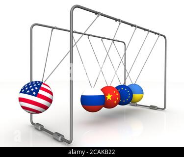Das Gesetz der Rückwirkung von Sanktionen in der Geopolitik. Newtons Cradle mit dem Bild der US-Flagge, Russland, China, der EU und der Ukraine Stockfoto