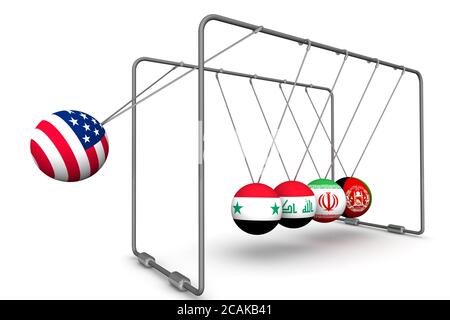 Die Vereinigten Staaten als destabilisierender Faktor in der Geopolitik. Newtons Cradle mit dem Bild der US-Flagge, Syrien, Iran, Irak und Afghanistan Stockfoto