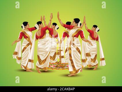 Happy onam Grüße.Thiruvathira, ein traditioneller Tanz aus Kerala. vektor-Illustration Stock Vektor