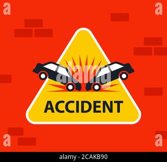 Dreieckiges gelbes Autounfall-Schild. Kopf-auf Kollision von Fahrzeugen auf der Straße. Flache Vektordarstellung. Stock Vektor