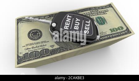 Mieten, kaufen, verkaufen von Fahrzeugen. Der Autoschlüssel mit dem Wort MIETEN, KAUFEN und VERKAUFEN liegt auf einem Stapel der US-100-Dollar-Scheine. 3D-Illustration Stockfoto
