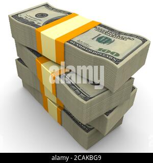 Stapel von Packungen mit 100 Dollar amerikanischen Scheinen, gebunden mit einem Band. 3D-Illustration Stockfoto