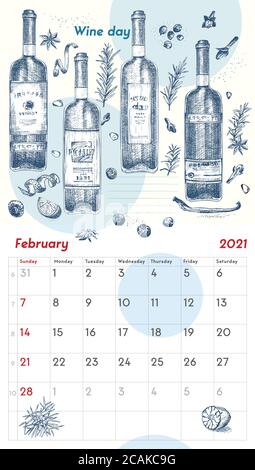 2021 Seite der Wand vintage Kalender Planer. Februar Monat. Die Woche beginnt am Sonntag. Thema Alkoholbar. Wein Tag Cocktails Retro Poster Ort zu schreiben Stock Vektor