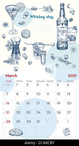 2021 Seite der Wand vintage Kalender Planer. März Monat. Die Woche beginnt am Sonntag. Thema Alkoholbar. Wiskey Tag Cocktails Retro Poster Ort zu schreiben Stock Vektor