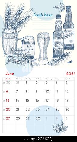 2021 Seite der Wand vintage Kalender Planer. Juni-Monat. Die Woche beginnt am Sonntag. Thema Alkoholbar. Frische Bier Cocktails Retro Poster Ort zu schreiben Stock Vektor