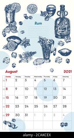 2021 Seite der Wand vintage Kalender Planer. Monat August. Die Woche beginnt am Sonntag. Thema Alkoholbar. Rum Cocktails Retro Poster Ort, um Rezept zu schreiben Stock Vektor