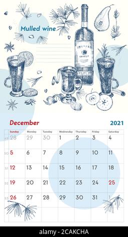 2021 Seite der Wand vintage Kalender Planer. Dezember Monat. Die Woche beginnt am Sonntag. Thema Alkoholbar. Glühwein Cocktail Retro Poster Ort zu schreiben Stock Vektor
