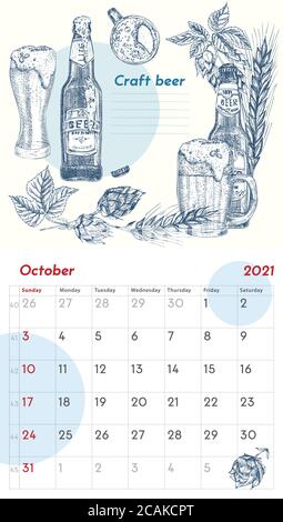 2021 Seite der Wand vintage Kalender Planer. Oktober Monat. Die Woche beginnt am Sonntag. Thema Alkoholbar. Craft Bier Cocktails Retro Poster Ort zu schreiben Stock Vektor