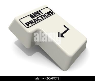 Tastaturtaste mit der Bezeichnung „BEST PRACTICES“. Ein weißer Computer Enter-Taste mit schwarzem Text BEST PRACTICES isoliert auf weißem Hintergrund. 3D-Illustration Stockfoto