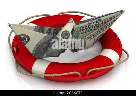 Rettung der US-Wirtschaft. Zerrissenes Papierboot aus der US-Banknote in der Rettungsboje auf einer weißen Oberfläche. 3D-Illustration Stockfoto