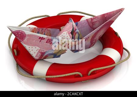 Rettung der chinesischen Wirtschaft. Zerrissenes Papierboot aus chinesischer Banknote (Yuan) in der Rettungsboje auf einer weißen Oberfläche. 3D-Illustration Stockfoto