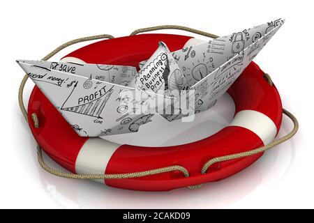 Business-Plan der Rettung. Zerrissenes Papierboot aus einem Blatt mit Geschäftsskizzen in der Rettungsboje auf einer weißen Oberfläche. 3D-Illustration Stockfoto