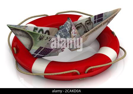 Rettung der ukrainischen Wirtschaft. Zerrissenes Papierboot aus einer ukrainischen Banknote (Griwna) in der Rettungsboje auf einer weißen Oberfläche. 3D-Illustration Stockfoto