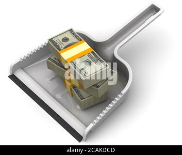 Geld wie Müll. Scoop liegt auf einer weißen Oberfläche mit Packungen der US-Dollar. Finanzielles Konzept der Abwertung. 3D-Illustration Stockfoto