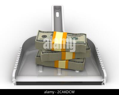 Geld wie Müll. Scoop liegt auf einer weißen Oberfläche mit Packungen der US-Dollar. Finanzielles Konzept der Abwertung. 3D-Illustration Stockfoto