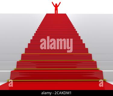 Das Ziel ist erreicht. Rotes Symbol des Mannes auf der Treppe mit einem roten Teppich. Das Konzept, das Ziel zu erreichen. 3D-Illustration Stockfoto