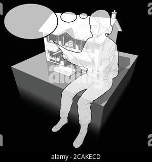 Diagramm eines klassischen Kolonialhauses und sitzende Frau, die vor ihm Papier liest, mit komischer Gedankenblase Stock Vektor