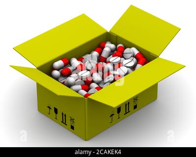 Box mit Medikamenten. Gelbe offene Box voller Kapseln und Tabletten. 3D-Illustration Stockfoto