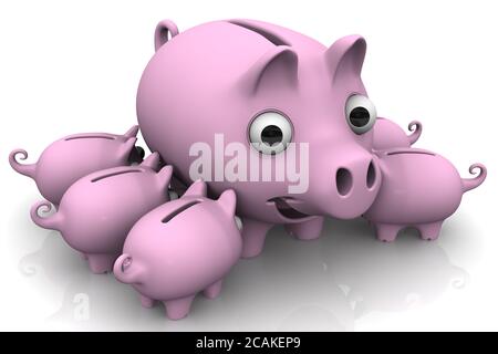 Schwein Sparschwein mit Kindern. Kleine rosa Schwein-Schweinchen saugen eine große Sau. 3D-Illustration Stockfoto