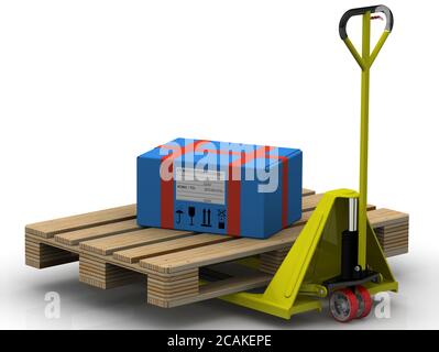 Paketzustellung. Das blaue Paket befindet sich auf dem Palettenhubwagen. Isoliert. 3D-Illustration Stockfoto