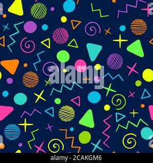 80er Jahre nahtlose Muster mit Doodle geometrischen Formen und Spaß Neon Farben Stockfoto