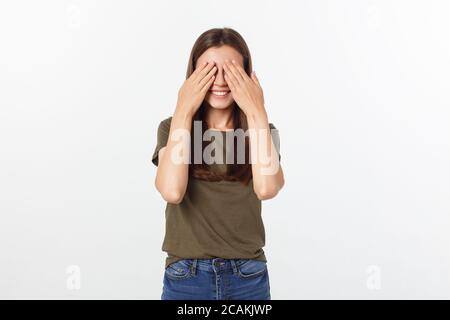 Nahaufnahme Foto schöne Dame arme Hände ausblenden hob erstaunt die Augen voller Furcht Gesichtsausdruck scary movie hasse Thriller. Stockfoto