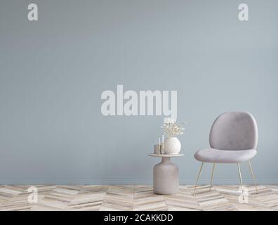 Stuhl mit Couchtisch im Wohnzimmer Interieur, Pastellfarben Interieur, Wand imitierten Hintergrund, 3D-Rendering Stockfoto