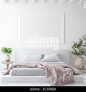 Mockup Poster Rahmen in weißen gemütlichen Schlafzimmer Interieur, skandinavischen Stil, 3d-Rendering Stockfoto