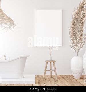 Mockup Leinwand in minimalistischen weißen Badezimmer Interieur, 3d-Render Stockfoto