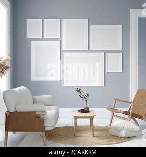 Mockup Poster im modernen Wohnzimmerinnenraum in Pastellfarben, 3D Render Stockfoto