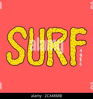 Surfabzeichen, Vintage Surfer Logo. Retro-Beschriftung oder -Beschriftung. Graviertes Emblem von Hand gezeichnet. Banner oder Poster. Stock Vektor