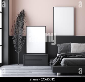 Mockup Poster im modernen Schlafzimmer, 3d Render Stockfoto