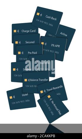 Zwölf Arten von Kreditkarten. Alle sind blau mit EMV-Chip und ein Tap-to-Pay-Symbol. Typen: Cashback, Reise, keine Gebühr, Fluggesellschaft, Hotel, 0%APR, Saldo trans Stockfoto