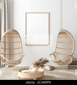Mockup-Rahmen in Küstenboho-Stil Innenraum, 3d-Rendering Stockfoto