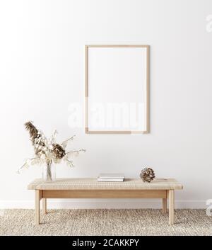 Mockup-Rahmen in Küstenboho-Stil Innenraum, 3d-Rendering Stockfoto