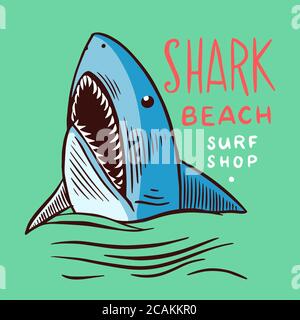 Surfabzeichen. Retro Shark. Vintage Surfer Logo oder Label. Graviertes Emblem von Hand gezeichnet. Banner oder Poster. Stock Vektor