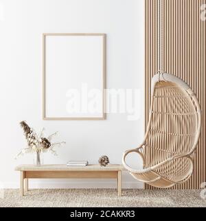 Mockup-Rahmen in Küstenboho-Stil Innenraum, 3d-Rendering Stockfoto