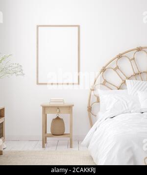 Mockup Rahmen in Coastal Boho Stil Schlafzimmer Interieur, 3d-Rendering Stockfoto