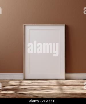 Holzrahmen mit Postermockup auf dem Boden stehend, 3d-Rendering Stockfoto