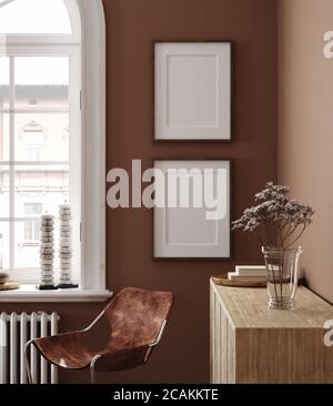 Home Interieur mit ethnischen Boho Dekoration und Poster Mockup, 3d-Rendering Stockfoto