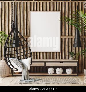 Mockup-Rahmen in Küstenboho-Stil Innenraum, 3d-Rendering Stockfoto