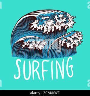 Surfabzeichen. Retro Wave. Vintage-Surfer-Logo. Sommermarken in Kalifornien. Graviertes Emblem von Hand gezeichnet. Banner oder Poster. Stock Vektor