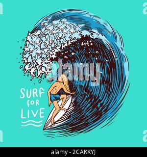 Surfabzeichen. Retro Wave. Vintage Surfer-Logo. Sommer-kalifornische Labels. Mann auf dem Surfbrett. Emblem mit Gravur handgezeichnet. Banner oder Poster. Stock Vektor