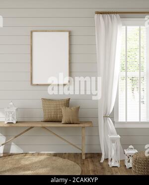 Frame Mockup in Bauernhaus Wohnzimmer Innenraum, 3d-Rendering Stockfoto