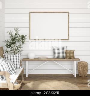 Frame Mockup in Bauernhaus Wohnzimmer Innenraum, 3d-Rendering Stockfoto